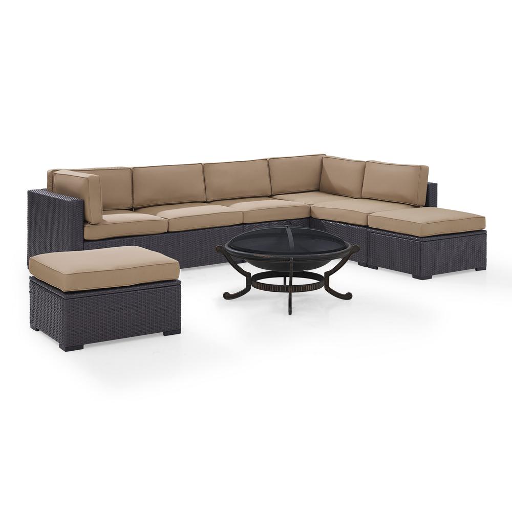 Biscayne 6Pc  Outdoor Wicker Sectional Set W/Fire Pit Mocha/Brown - 2 Loveseats,  Armless Chair, 2 Ottomans, Ashland Firepit. Picture 3