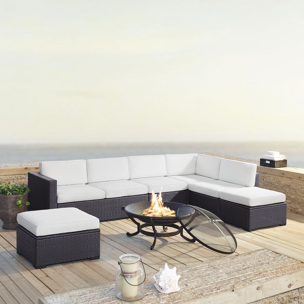 Biscayne 6Pc  Outdoor Wicker Sectional Set W/Fire Pit White/Brown - Ashland Firepit, 2 Loveseats,  Armless Chair, & 2 Ottomans. Picture 5