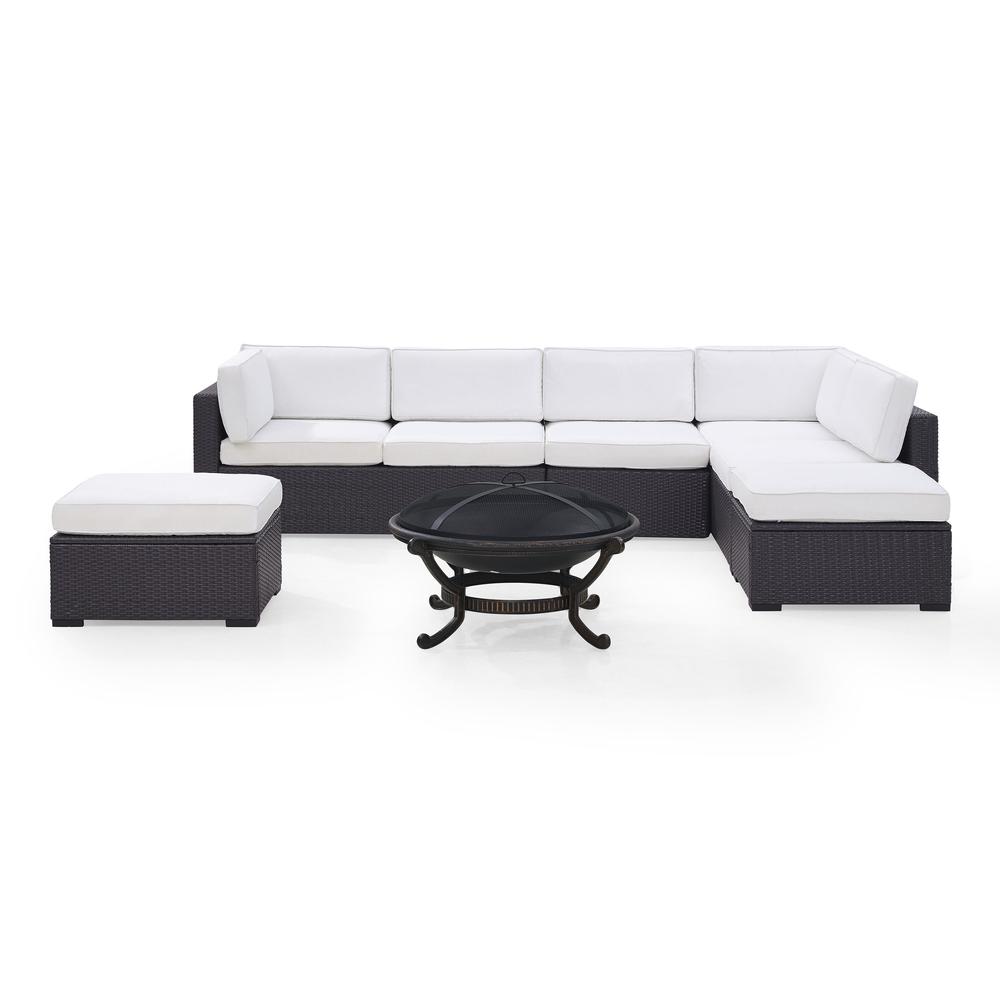 Biscayne 6Pc  Outdoor Wicker Sectional Set W/Fire Pit White/Brown - Ashland Firepit, 2 Loveseats,  Armless Chair, & 2 Ottomans. The main picture.