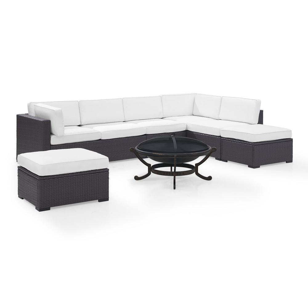 Biscayne 6Pc  Outdoor Wicker Sectional Set W/Fire Pit White/Brown - Ashland Firepit, 2 Loveseats,  Armless Chair, & 2 Ottomans. Picture 2
