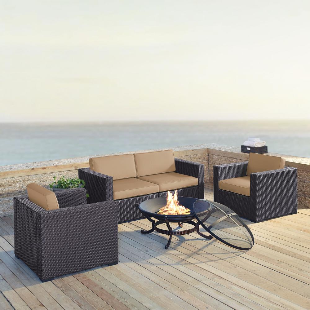 Biscayne 5Pc Outdoor Wicker Conversation Set W/Fire Pit Mocha/Brown - Ashland Firepit, 2 Armchairs, & 2 Corner Chairs. Picture 1