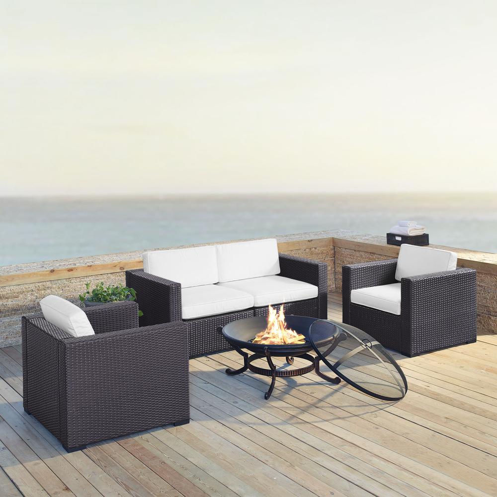 Biscayne 5Pc Outdoor Wicker Conversation Set W/Fire Pit White/Brown - Ashland Firepit, 2 Armchairs, & 2 Corner Chairs. Picture 1