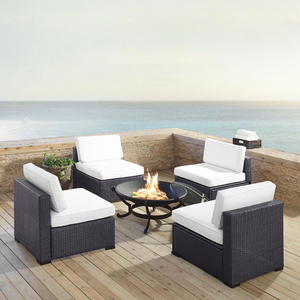 Biscayne 5Pc Outdoor Wicker Conversation Set W/Fire Pit White/Brown - Ashland Firepit & 4 Armless Chairs. Picture 1