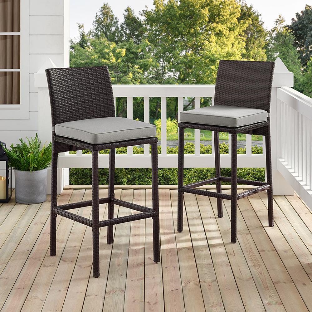 Palm Harbor 2Pc Outdoor Wicker Bar Stool Set Gray/Brown - 2 Bar Height Bar Stools. Picture 1