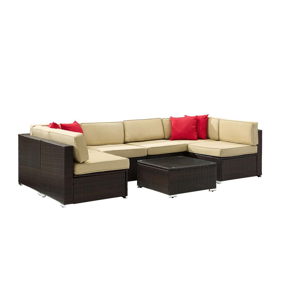 Sea Island 7Pc Outdoor Wicker Sectional Set Sand/Brown - Coffee Table, 2 Corner Chairs, 4 Armless Chairs, & 4 Throw Pillows. Picture 1