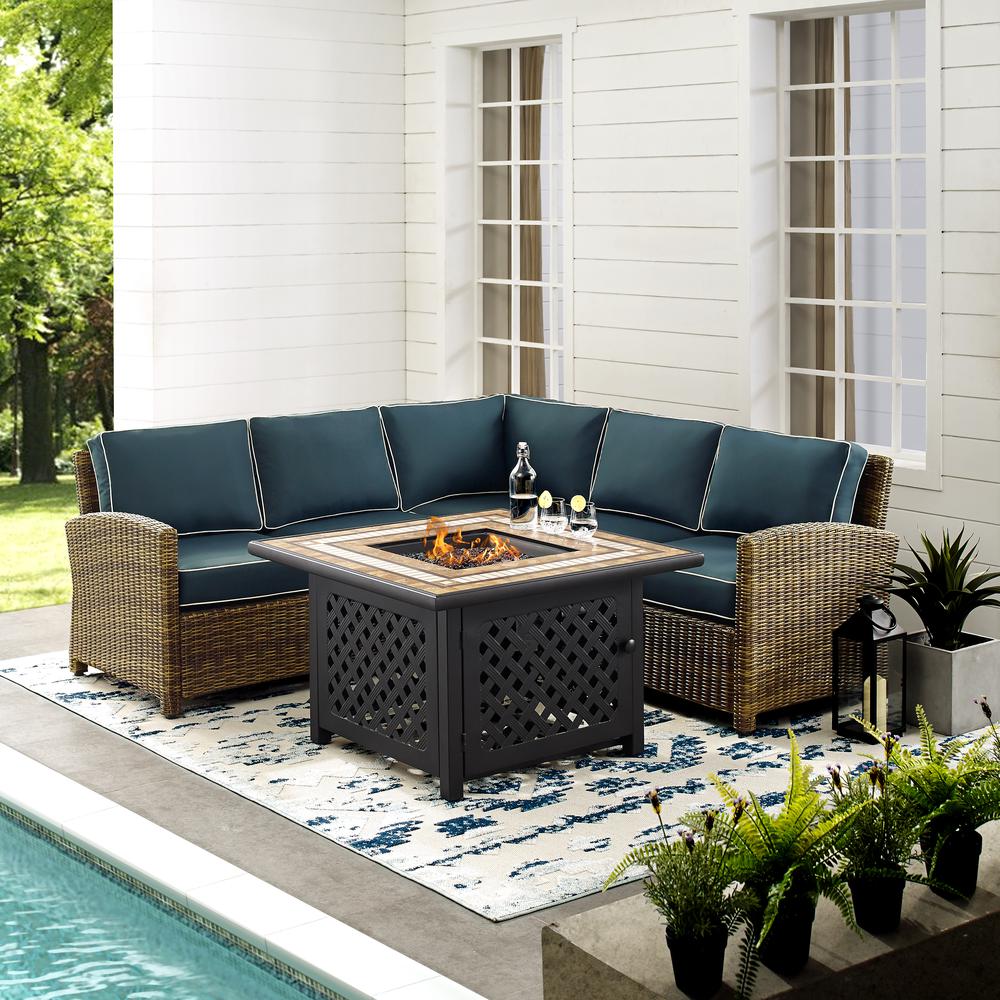Bradenton 4Pc Outdoor Wicker Sectional Set W/Fire Table Weathered Brown/Navy - Right Corner Loveseat, Left Corner Loveseat, Corner Chair, Fire Table. Picture 3