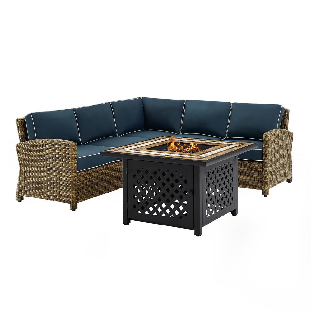 Bradenton 4Pc Outdoor Wicker Sectional Set W/Fire Table Weathered Brown/Navy - Right Corner Loveseat, Left Corner Loveseat, Corner Chair, Fire Table. Picture 4