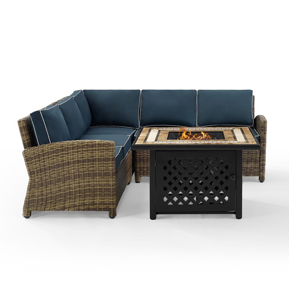 Bradenton 4Pc Outdoor Wicker Sectional Set W/Fire Table Weathered Brown/Navy - Right Corner Loveseat, Left Corner Loveseat, Corner Chair, Fire Table. Picture 7