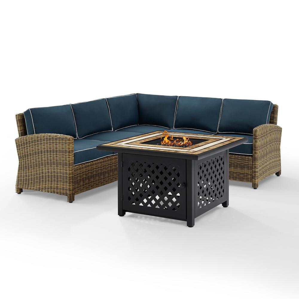 Bradenton 4Pc Outdoor Wicker Sectional Set W/Fire Table Weathered Brown/Navy - Right Corner Loveseat, Left Corner Loveseat, Corner Chair, Fire Table. Picture 8