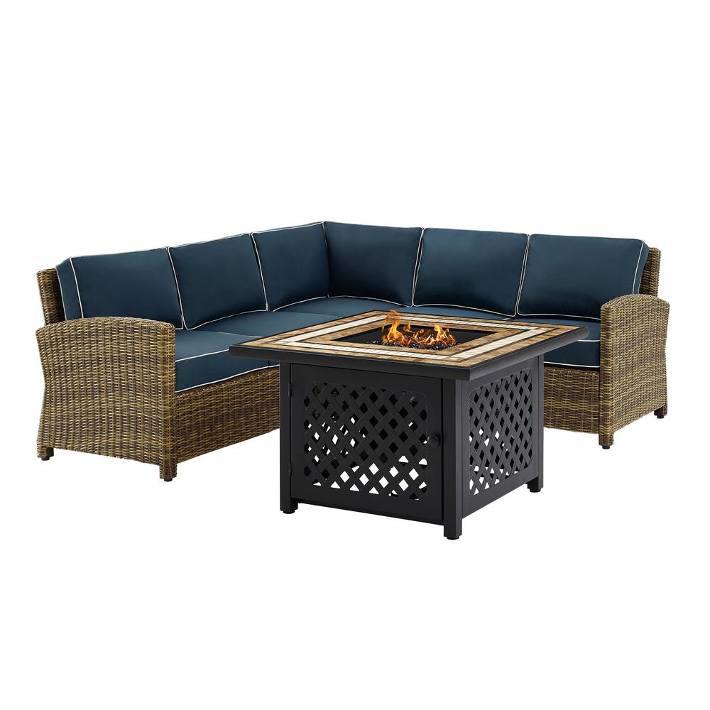 Bradenton 4Pc Outdoor Wicker Sectional Set W/Fire Table Weathered Brown/Navy - Right Corner Loveseat, Left Corner Loveseat, Corner Chair, Fire Table. Picture 9