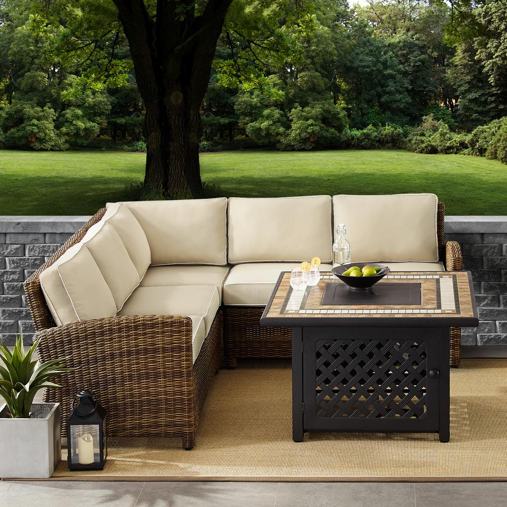 Bradenton 4Pc Outdoor Wicker Sectional Set W/Fire Table Weathered Brown/Sand - Right Corner Loveseat, Left Corner Loveseat, Corner Chair, Fire Table. Picture 1