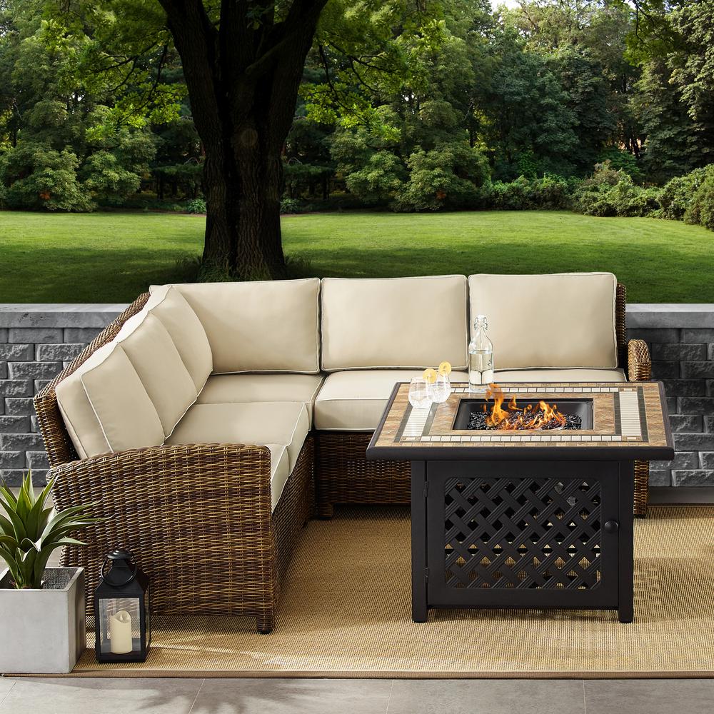 Bradenton 4Pc Outdoor Wicker Sectional Set W/Fire Table Weathered Brown/Sand - Right Corner Loveseat, Left Corner Loveseat, Corner Chair, Fire Table. Picture 2