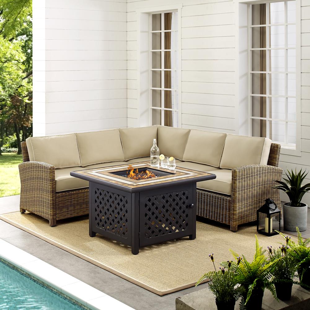 Bradenton 4Pc Outdoor Wicker Sectional Set W/Fire Table Weathered Brown/Sand - Right Corner Loveseat, Left Corner Loveseat, Corner Chair, Fire Table. Picture 3