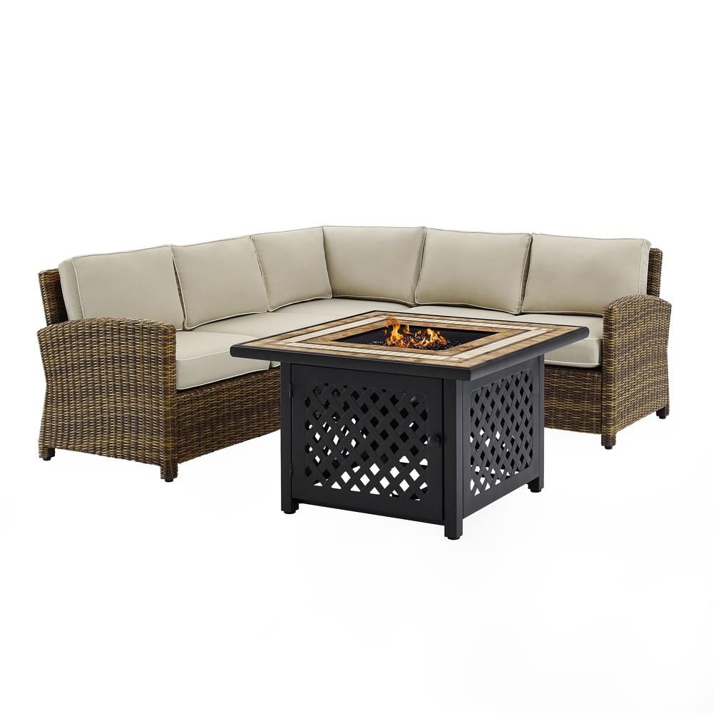 Bradenton 4Pc Outdoor Wicker Sectional Set W/Fire Table Weathered Brown/Sand - Right Corner Loveseat, Left Corner Loveseat, Corner Chair, Fire Table. Picture 4