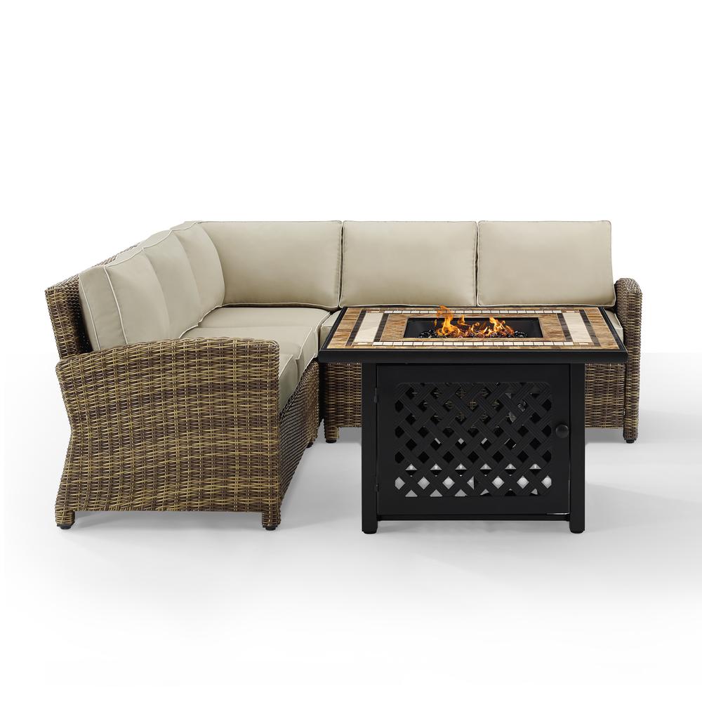 Bradenton 4Pc Outdoor Wicker Sectional Set W/Fire Table Weathered Brown/Sand - Right Corner Loveseat, Left Corner Loveseat, Corner Chair, Fire Table. Picture 7
