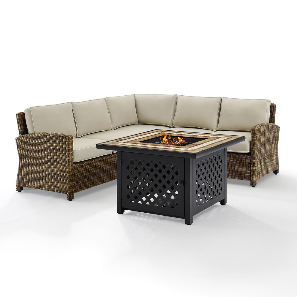Bradenton 4Pc Outdoor Wicker Sectional Set W/Fire Table Weathered Brown/Sand - Right Corner Loveseat, Left Corner Loveseat, Corner Chair, Fire Table. Picture 8