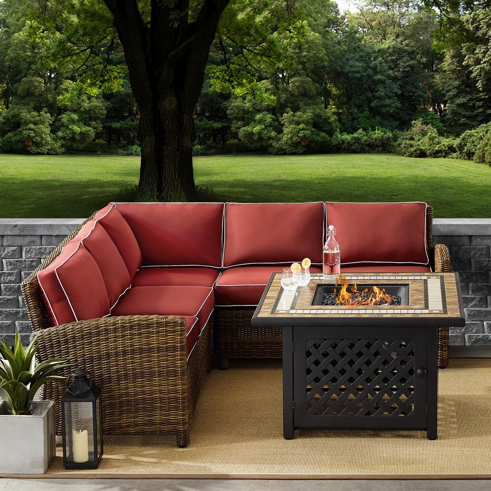 Bradenton 4Pc Outdoor Wicker Sectional Set W/Fire Table Weathered Brown/Sangria - Right Corner Loveseat, Left Corner Loveseat, Corner Chair, Fire Table. Picture 1