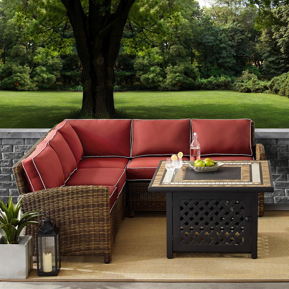Bradenton 4Pc Outdoor Wicker Sectional Set W/Fire Table Weathered Brown/Sangria - Right Corner Loveseat, Left Corner Loveseat, Corner Chair, Fire Table. Picture 2