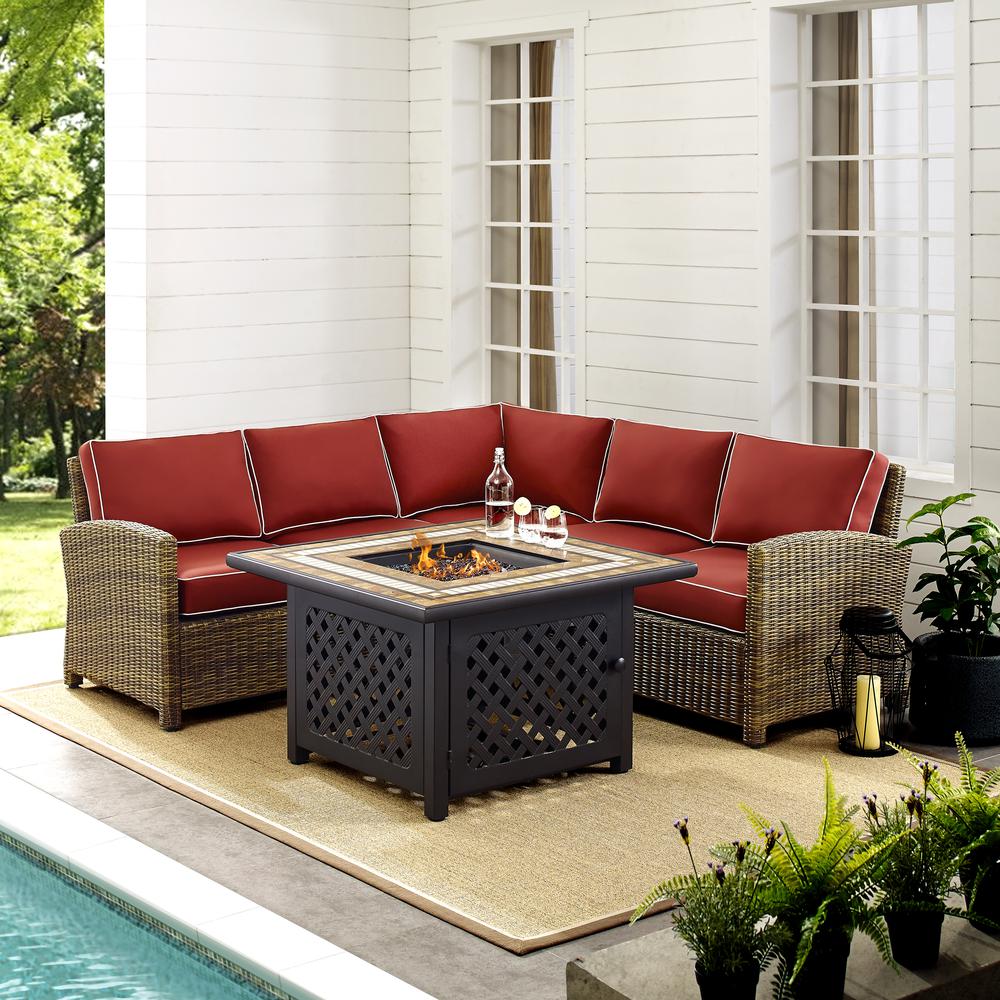 Bradenton 4Pc Outdoor Wicker Sectional Set W/Fire Table Weathered Brown/Sangria - Right Corner Loveseat, Left Corner Loveseat, Corner Chair, Fire Table. Picture 3
