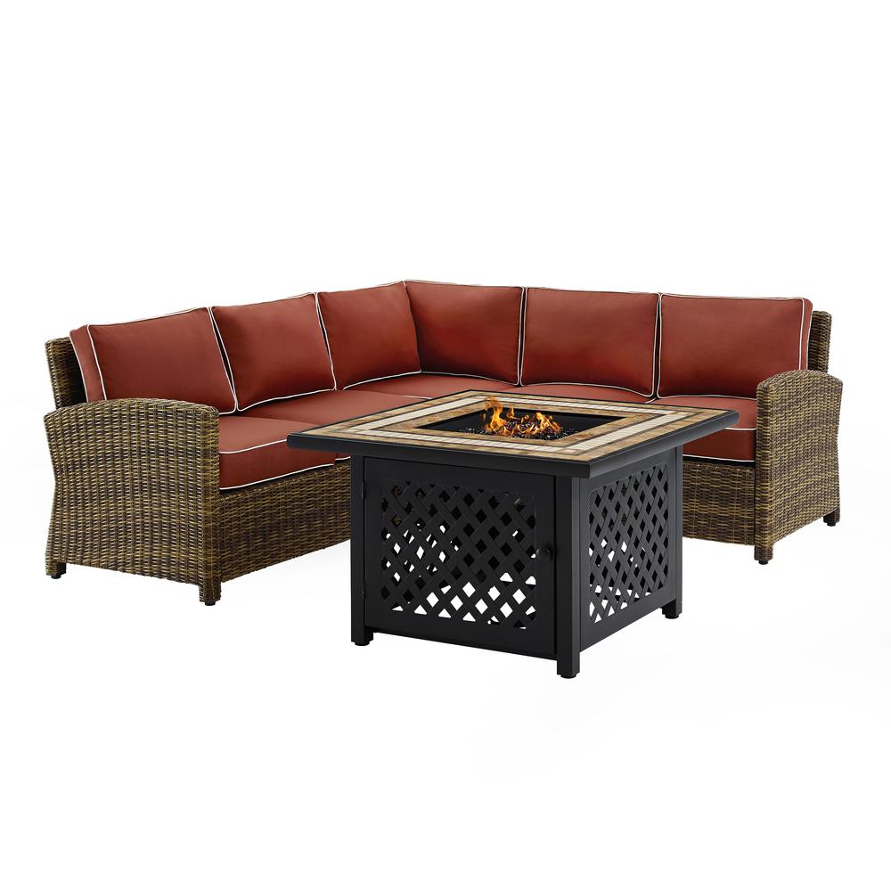 Bradenton 4Pc Outdoor Wicker Sectional Set W/Fire Table Weathered Brown/Sangria - Right Corner Loveseat, Left Corner Loveseat, Corner Chair, Fire Table. Picture 4