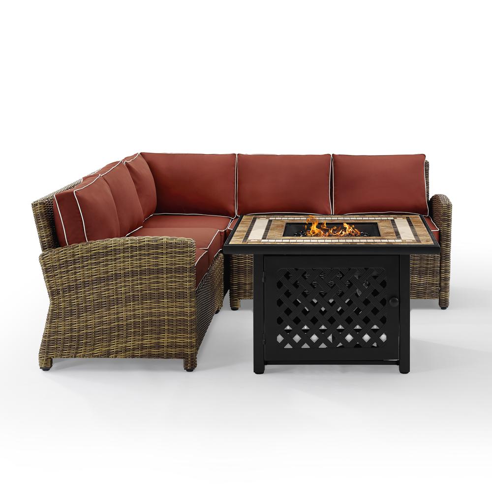 Bradenton 4Pc Outdoor Wicker Sectional Set W/Fire Table Weathered Brown/Sangria - Right Corner Loveseat, Left Corner Loveseat, Corner Chair, Fire Table. Picture 7