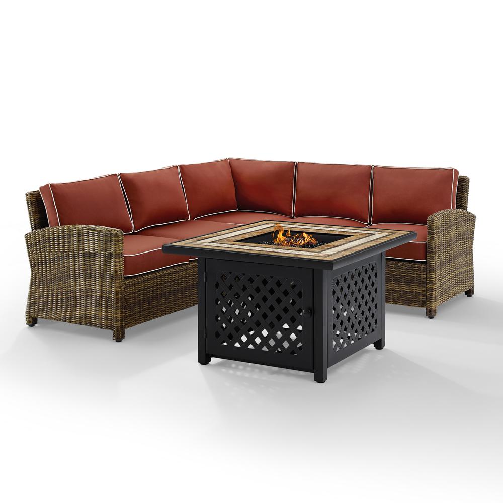Bradenton 4Pc Outdoor Wicker Sectional Set W/Fire Table Weathered Brown/Sangria - Right Corner Loveseat, Left Corner Loveseat, Corner Chair, Fire Table. Picture 8