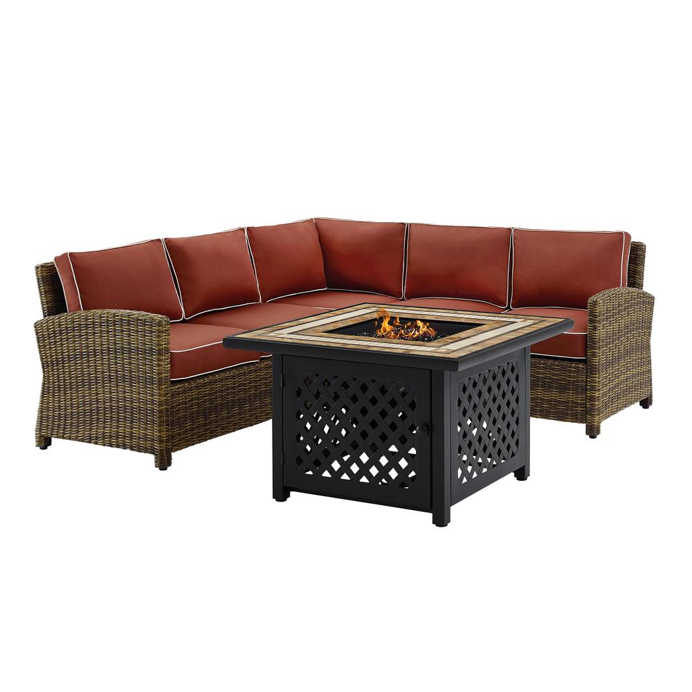 Bradenton 4Pc Outdoor Wicker Sectional Set W/Fire Table Weathered Brown/Sangria - Right Corner Loveseat, Left Corner Loveseat, Corner Chair, Fire Table. Picture 9