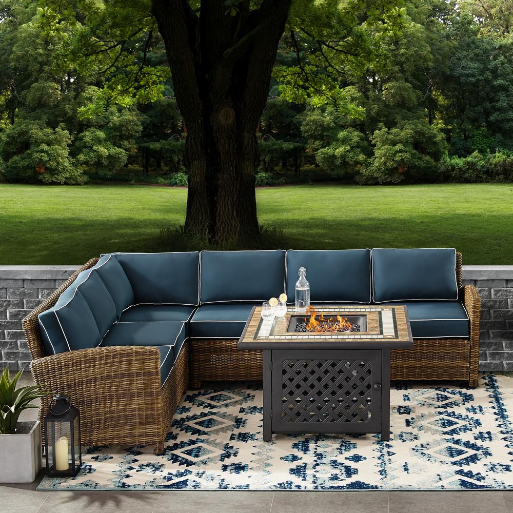 Bradenton 5Pc Outdoor Wicker Sectional Set W/Fire Table Weathered Brown/Navy - Right Corner Loveseat, Left Corner Loveseat, Corner Chair, Center Chair, Fire Table. Picture 1