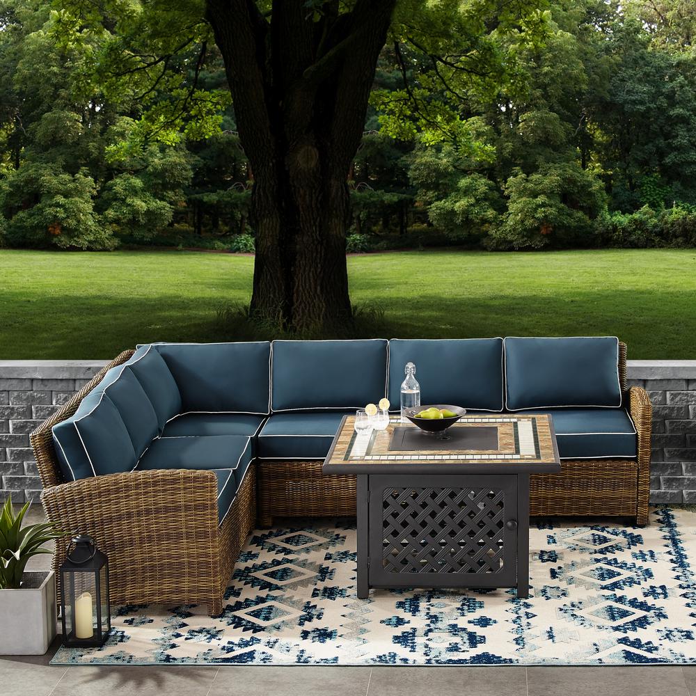 Bradenton 5Pc Outdoor Wicker Sectional Set W/Fire Table Weathered Brown/Navy - Right Corner Loveseat, Left Corner Loveseat, Corner Chair, Center Chair, Fire Table. Picture 2