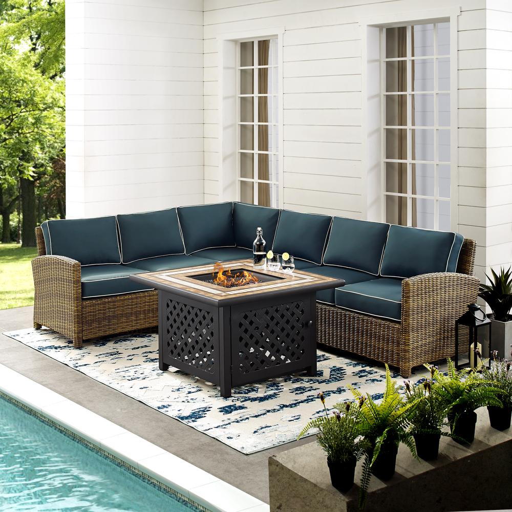 Bradenton 5Pc Outdoor Wicker Sectional Set W/Fire Table Weathered Brown/Navy - Right Corner Loveseat, Left Corner Loveseat, Corner Chair, Center Chair, Fire Table. Picture 3
