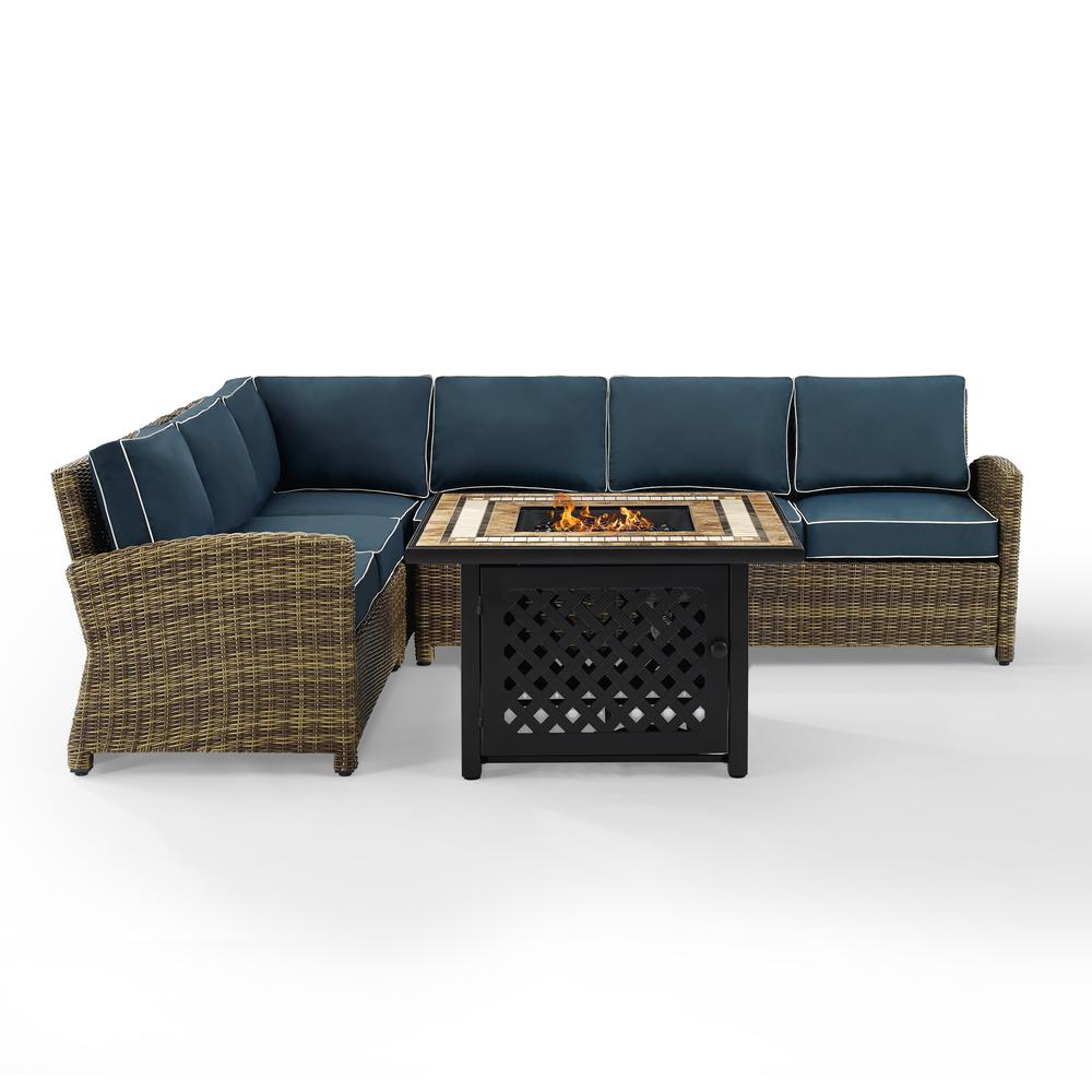 Bradenton 5Pc Outdoor Wicker Sectional Set W/Fire Table Weathered Brown/Navy - Right Corner Loveseat, Left Corner Loveseat, Corner Chair, Center Chair, Fire Table. Picture 7