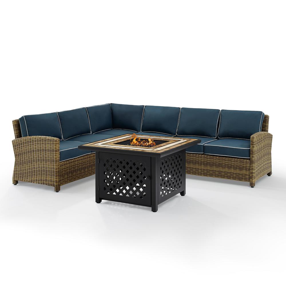 Bradenton 5Pc Outdoor Wicker Sectional Set W/Fire Table Weathered Brown/Navy - Right Corner Loveseat, Left Corner Loveseat, Corner Chair, Center Chair, Fire Table. Picture 8