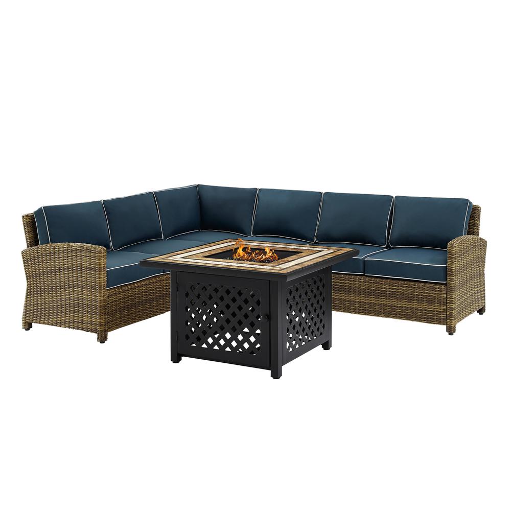 Bradenton 5Pc Outdoor Wicker Sectional Set W/Fire Table Weathered Brown/Navy - Right Corner Loveseat, Left Corner Loveseat, Corner Chair, Center Chair, Fire Table. Picture 9