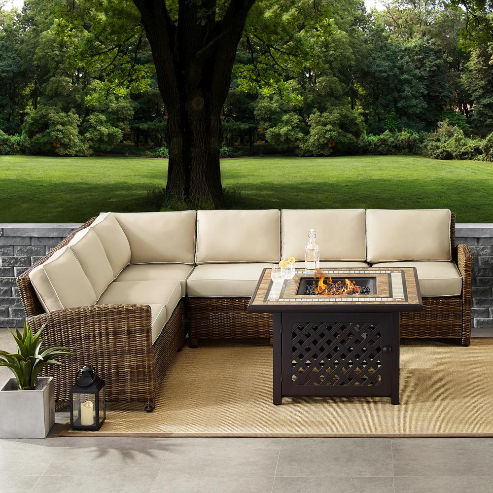 Bradenton 5Pc Outdoor Wicker Sectional Set W/Fire Table Weathered Brown/Sand - Right Corner Loveseat, Left Corner Loveseat, Corner Chair, Center Chair, Fire Table. Picture 1