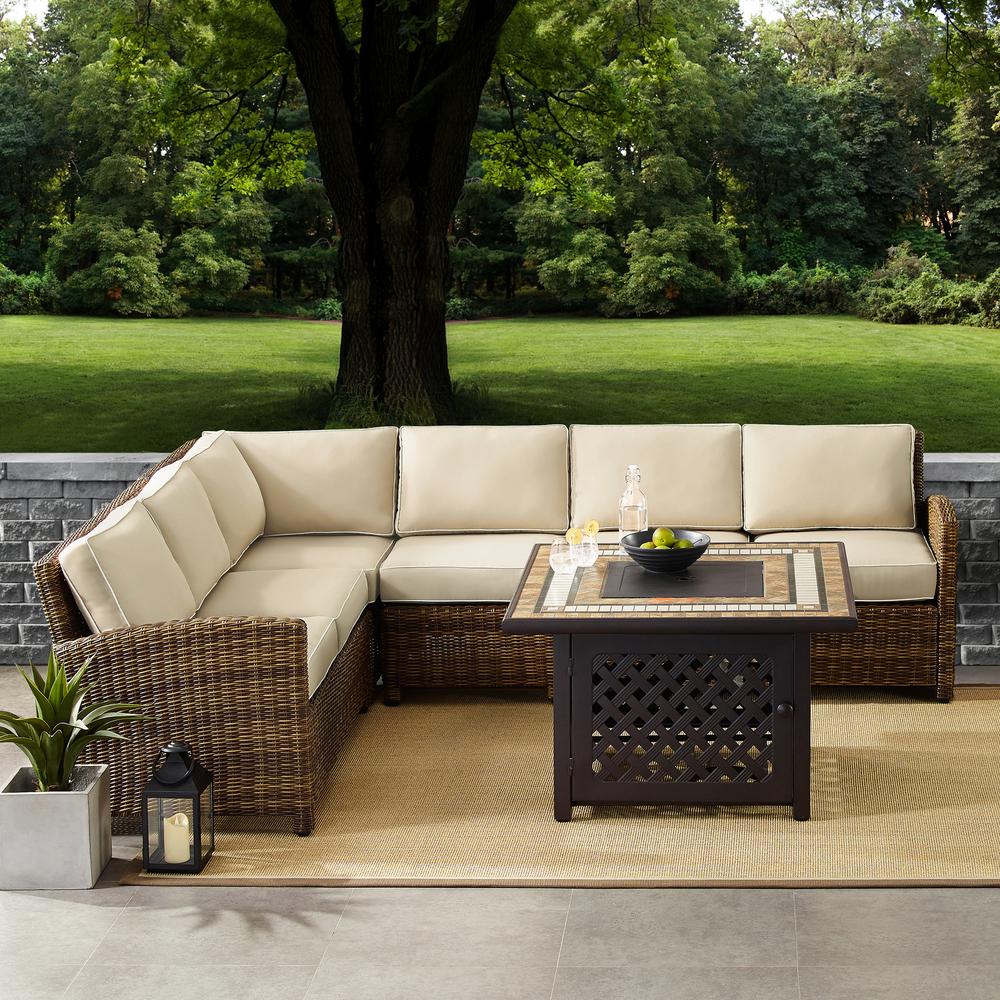 Bradenton 5Pc Outdoor Wicker Sectional Set W/Fire Table Weathered Brown/Sand - Right Corner Loveseat, Left Corner Loveseat, Corner Chair, Center Chair, Fire Table. Picture 2