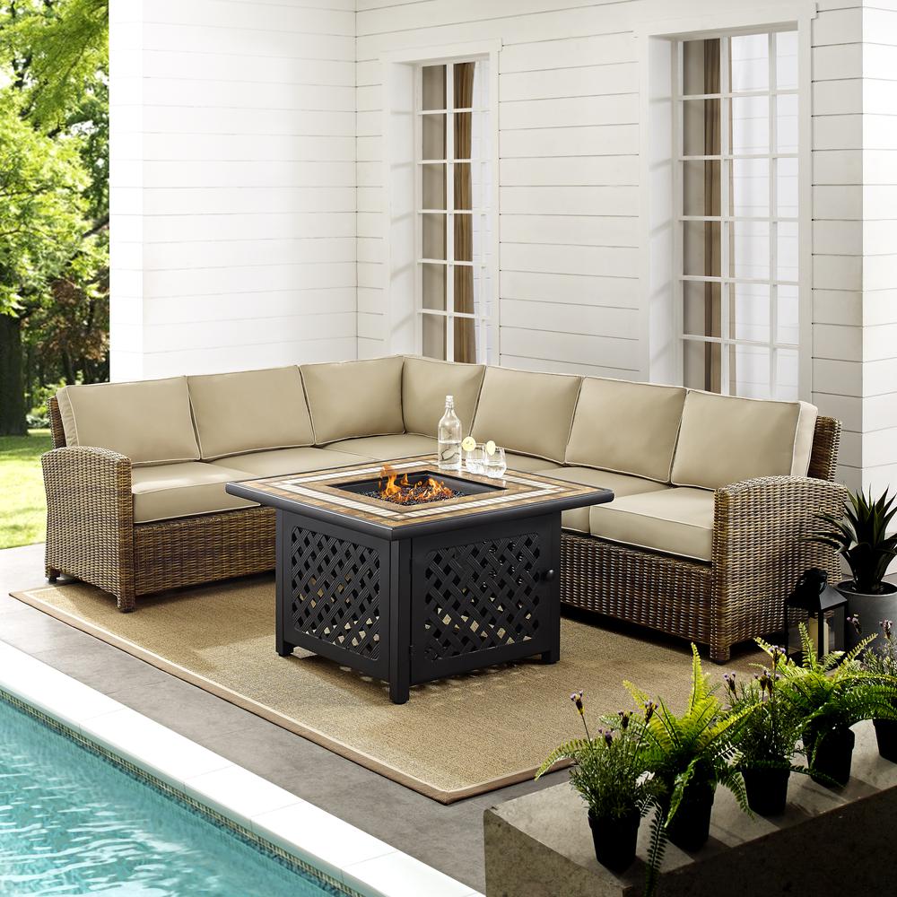 Bradenton 5Pc Outdoor Wicker Sectional Set W/Fire Table Weathered Brown/Sand - Right Corner Loveseat, Left Corner Loveseat, Corner Chair, Center Chair, Fire Table. Picture 3