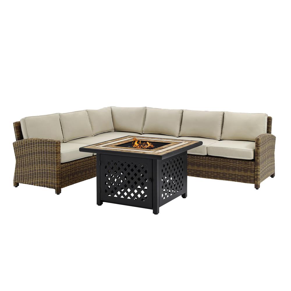 Bradenton 5Pc Outdoor Wicker Sectional Set W/Fire Table Weathered Brown/Sand - Right Corner Loveseat, Left Corner Loveseat, Corner Chair, Center Chair, Fire Table. Picture 4