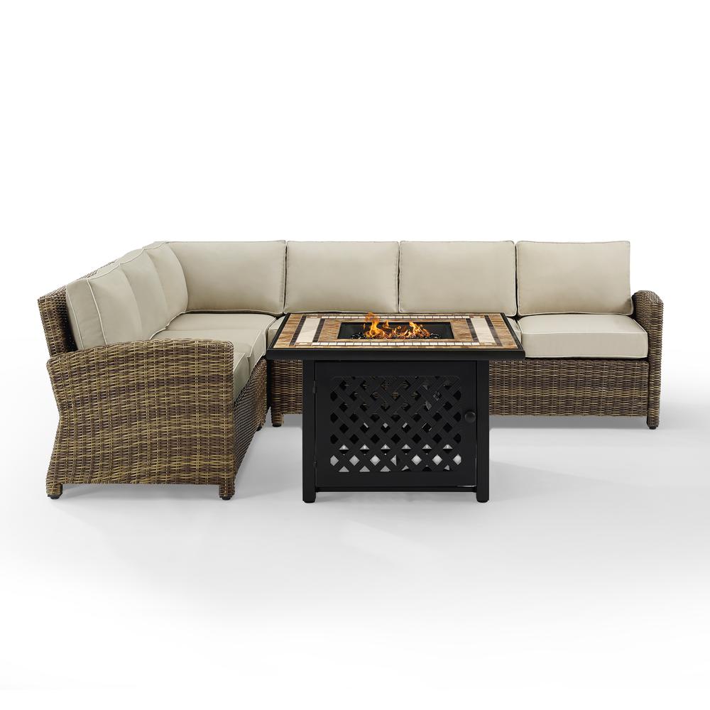 Bradenton 5Pc Outdoor Wicker Sectional Set W/Fire Table Weathered Brown/Sand - Right Corner Loveseat, Left Corner Loveseat, Corner Chair, Center Chair, Fire Table. Picture 7