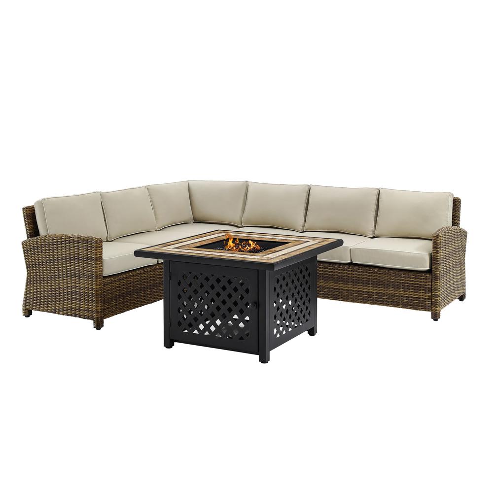 Bradenton 5Pc Outdoor Wicker Sectional Set W/Fire Table Weathered Brown/Sand - Right Corner Loveseat, Left Corner Loveseat, Corner Chair, Center Chair, Fire Table. Picture 9