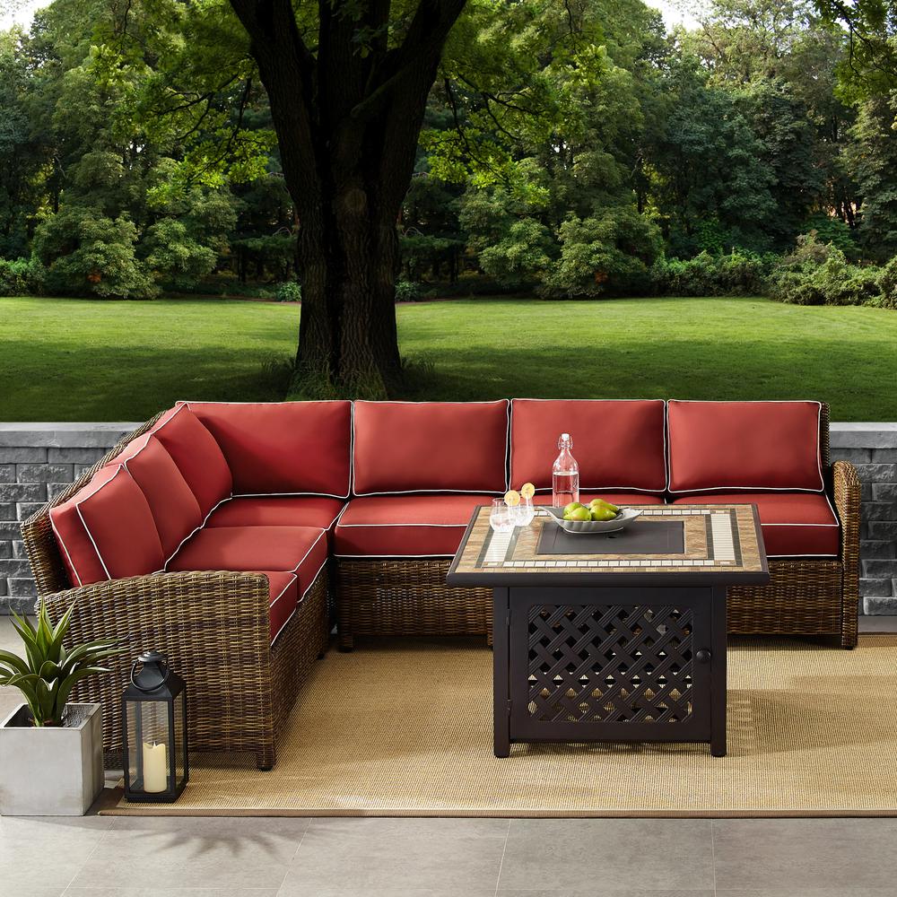 Bradenton 5Pc Outdoor Wicker Sectional Set W/Fire Table Weathered Brown/Sand - Right Corner Loveseat, Left Corner Loveseat, Corner Chair, Center Chair, Fire Table. Picture 2