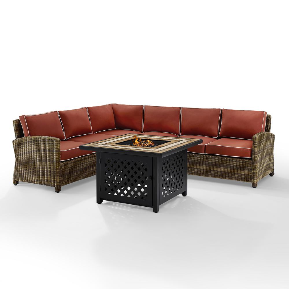 Bradenton 5Pc Outdoor Wicker Sectional Set W/Fire Table Weathered Brown/Sand - Right Corner Loveseat, Left Corner Loveseat, Corner Chair, Center Chair, Fire Table. Picture 8