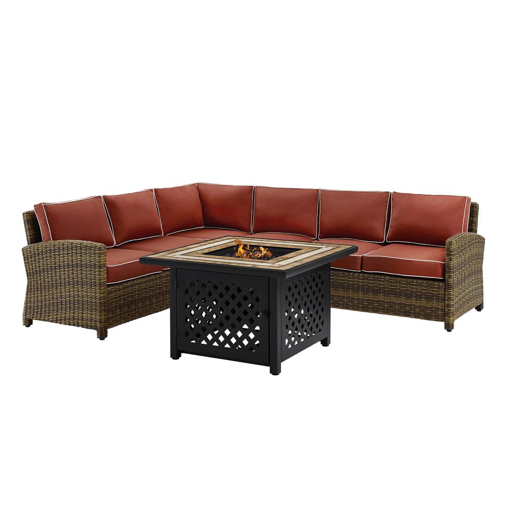 Bradenton 5Pc Outdoor Wicker Sectional Set W/Fire Table Weathered Brown/Sand - Right Corner Loveseat, Left Corner Loveseat, Corner Chair, Center Chair, Fire Table. Picture 9
