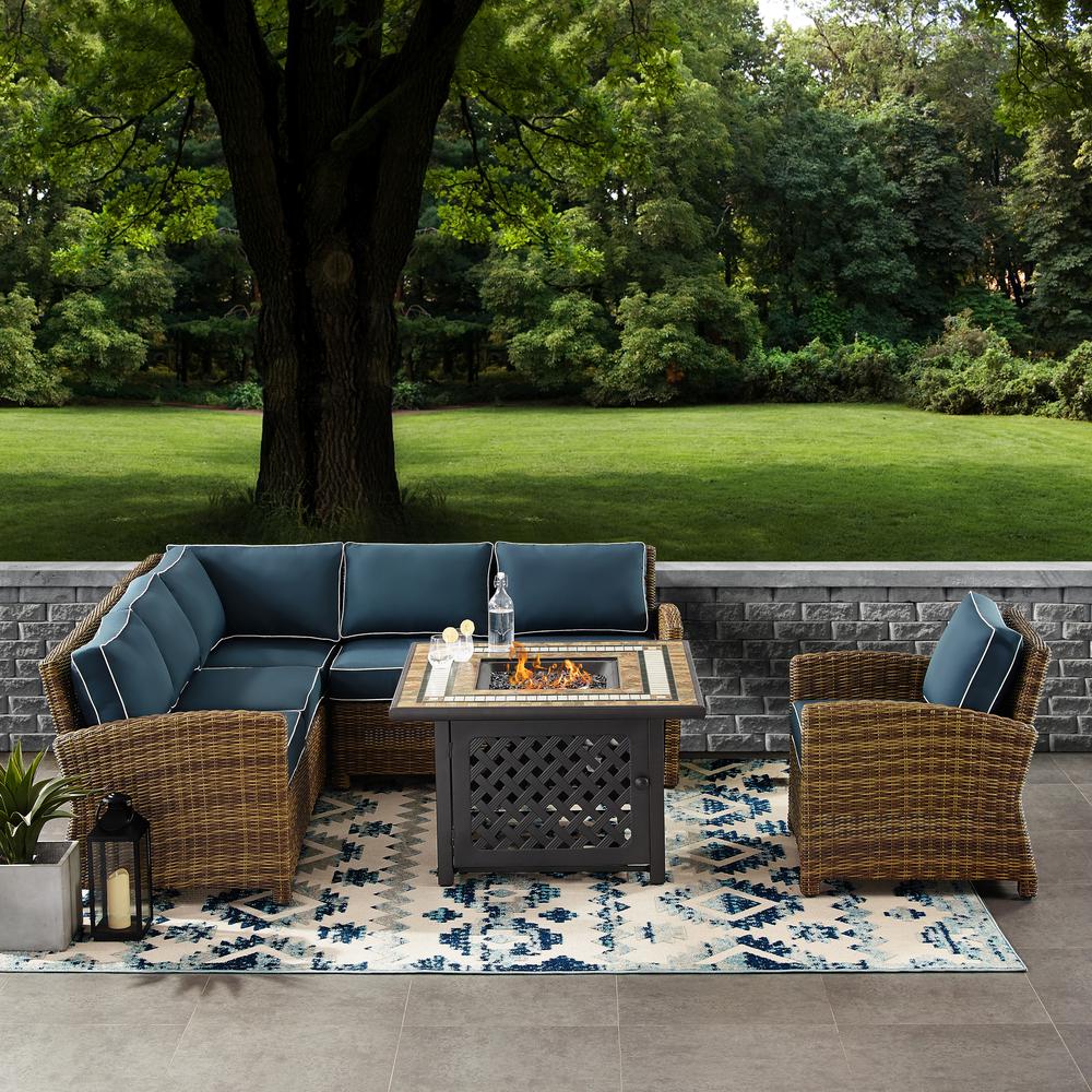 Bradenton 5Pc Outdoor Wicker Sectional Set W/Fire Table Weathered Brown/Navy - Right Corner Loveseat, Left Corner Loveseat, Corner Chair, Arm Chair, Fire Table. Picture 1