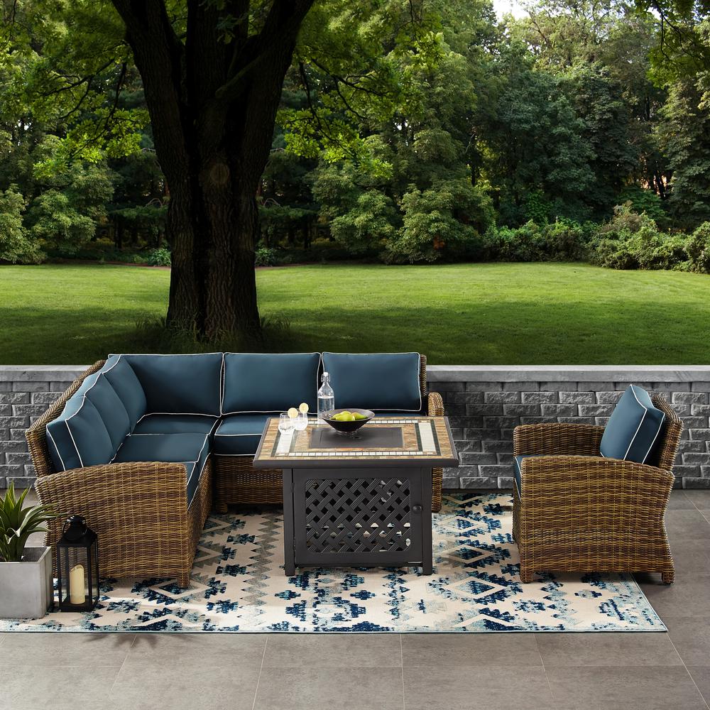 Bradenton 5Pc Outdoor Wicker Sectional Set W/Fire Table Weathered Brown/Navy - Right Corner Loveseat, Left Corner Loveseat, Corner Chair, Arm Chair, Fire Table. Picture 2