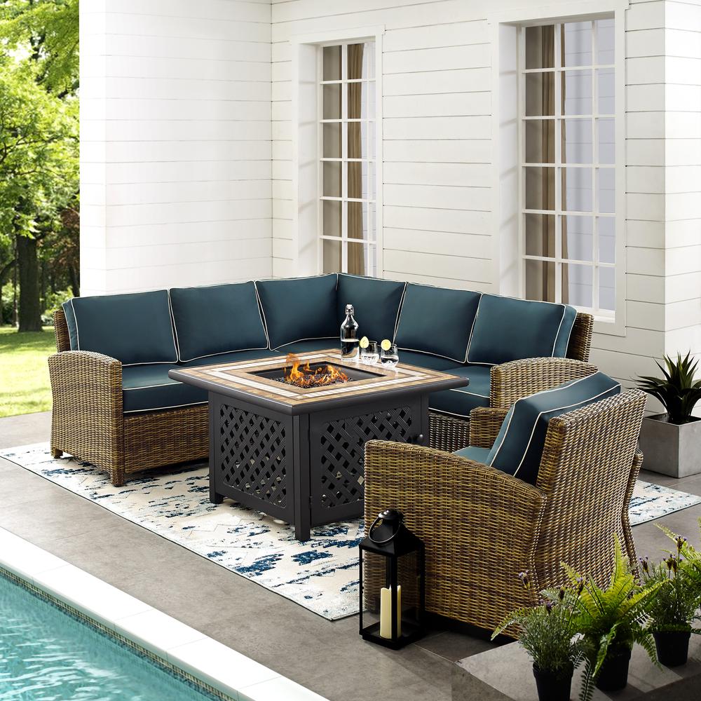 Bradenton 5Pc Outdoor Wicker Sectional Set W/Fire Table Weathered Brown/Navy - Right Corner Loveseat, Left Corner Loveseat, Corner Chair, Arm Chair, Fire Table. Picture 3