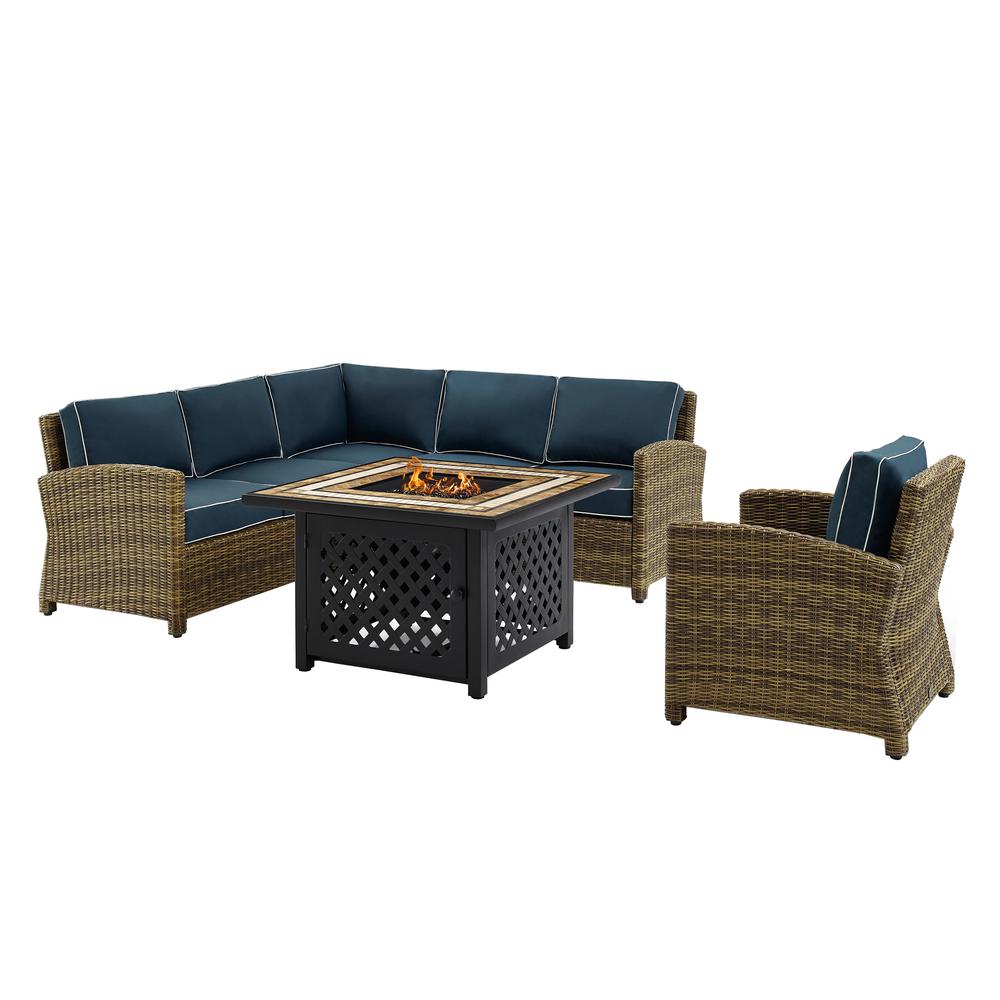 Bradenton 5Pc Outdoor Wicker Sectional Set W/Fire Table Weathered Brown/Navy - Right Corner Loveseat, Left Corner Loveseat, Corner Chair, Arm Chair, Fire Table. Picture 4