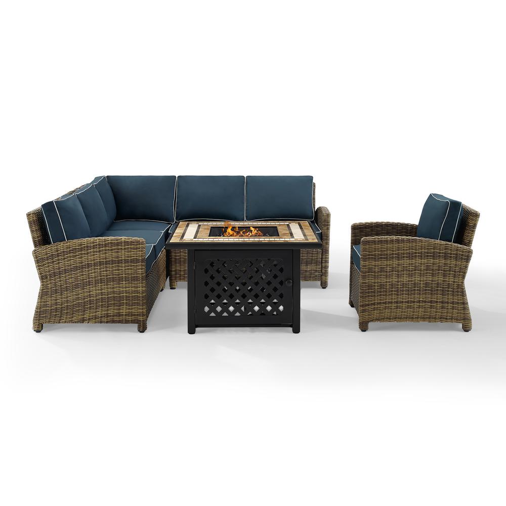 Bradenton 5Pc Outdoor Wicker Sectional Set W/Fire Table Weathered Brown/Navy - Right Corner Loveseat, Left Corner Loveseat, Corner Chair, Arm Chair, Fire Table. Picture 7