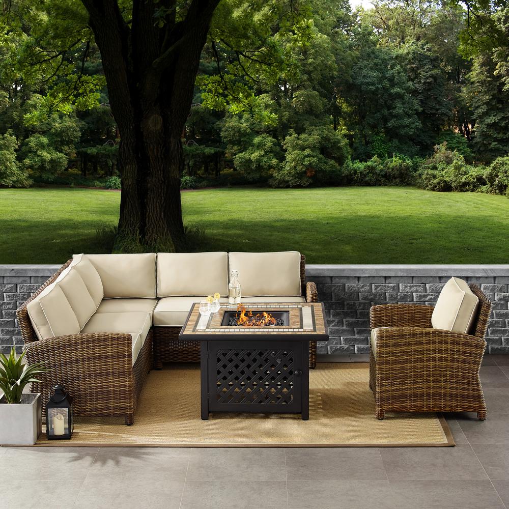 Bradenton 5Pc Outdoor Wicker Sectional Set W/Fire Table Weathered Brown/Sand - Right Corner Loveseat, Left Corner Loveseat, Corner Chair, Arm Chair, Fire Table. Picture 1