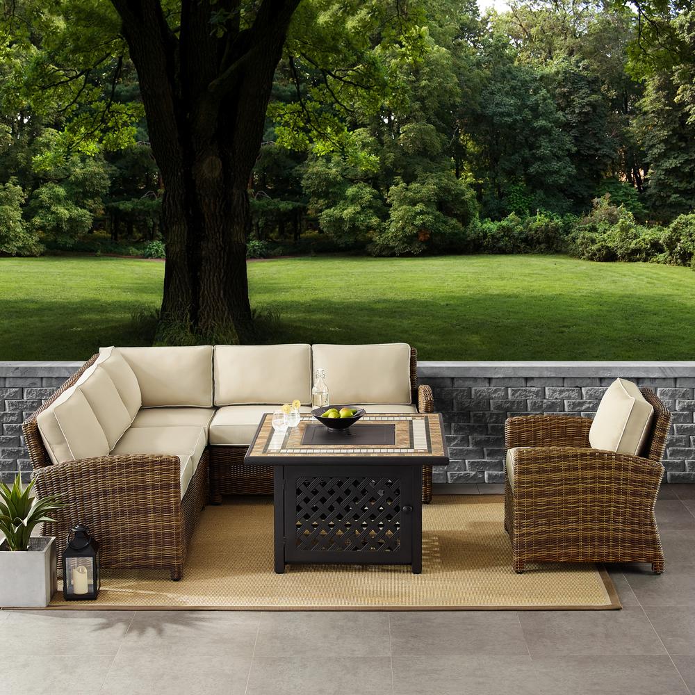 Bradenton 5Pc Outdoor Wicker Sectional Set W/Fire Table Weathered Brown/Sand - Right Corner Loveseat, Left Corner Loveseat, Corner Chair, Arm Chair, Fire Table. Picture 2