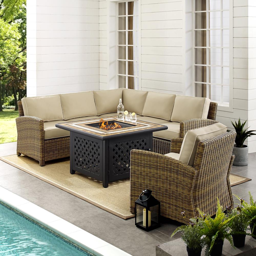 Bradenton 5Pc Outdoor Wicker Sectional Set W/Fire Table Weathered Brown/Sand - Right Corner Loveseat, Left Corner Loveseat, Corner Chair, Arm Chair, Fire Table. Picture 3
